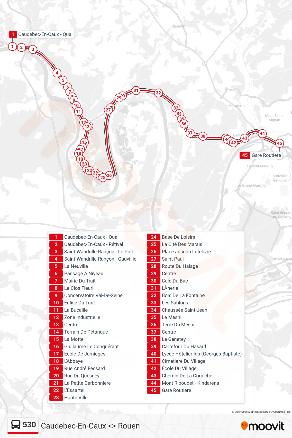 Tracé et arrêts de la ligne 530 de bus (Rouen) sur une carte
