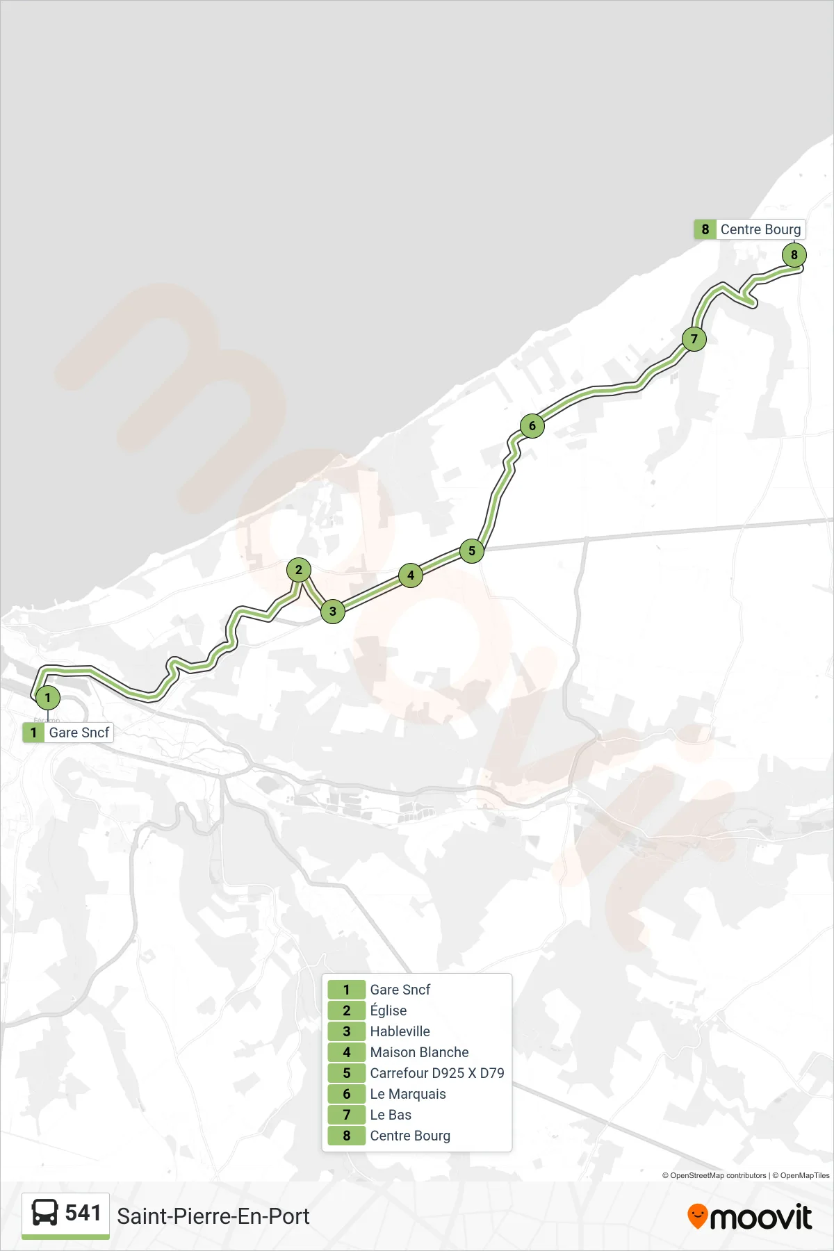 Tracé et arrêts de la ligne 541 de bus (Saint-Pierre-En-Port) sur une carte