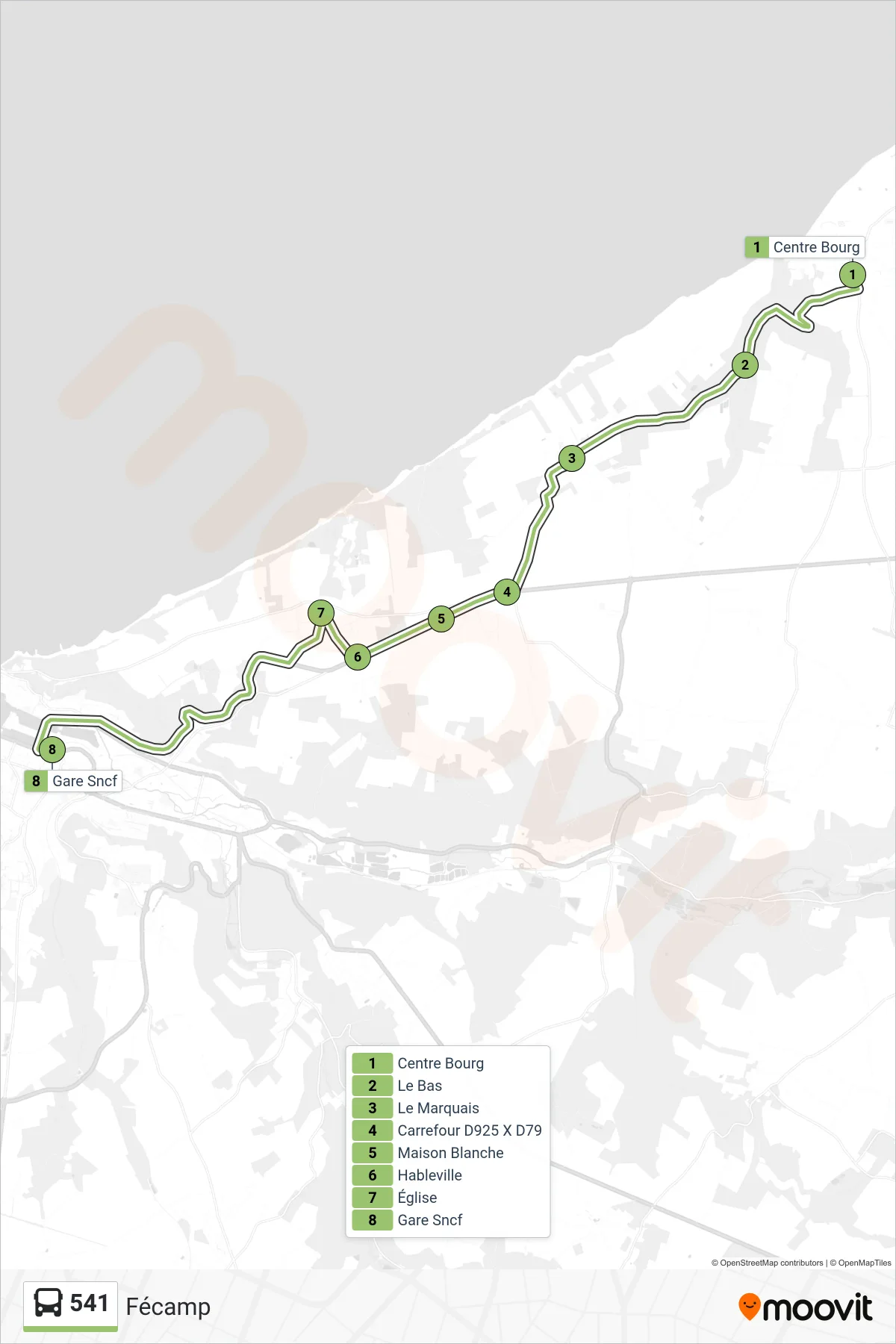 Tracé et arrêts de la ligne 541 de bus (Fécamp) sur une carte