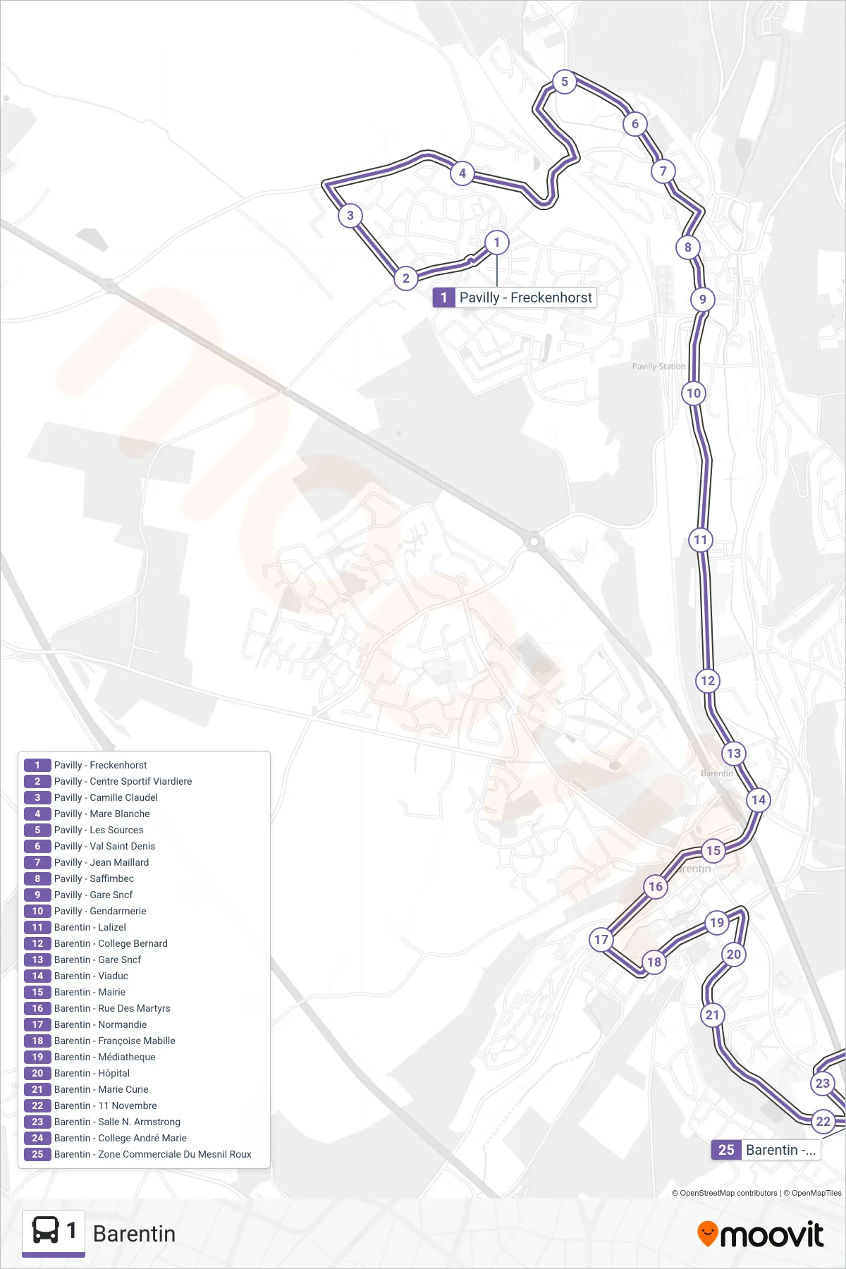1 bus Line (Barentin) route and stops on a map