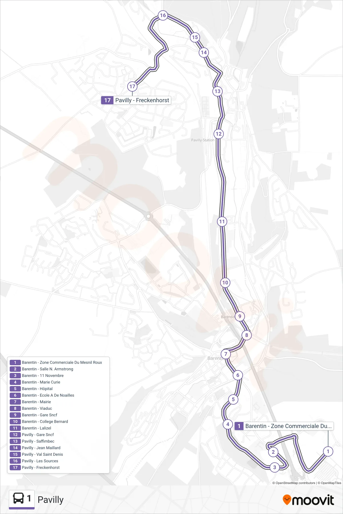 Tracé et arrêts de la ligne 1 de bus (Pavilly) sur une carte