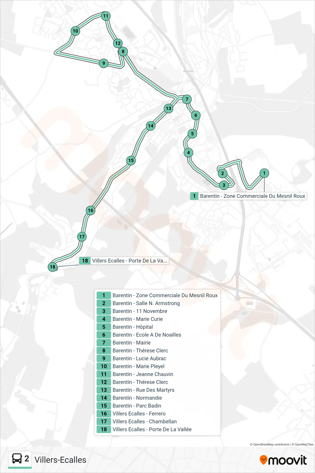 Recorrido y paradas de la línea 2 de autobús (Villers-Ecalles) en el mapa