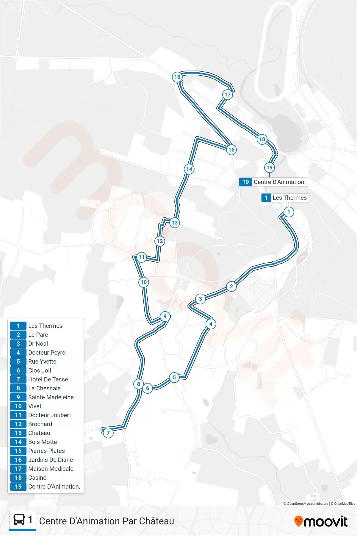 Tracé et arrêts de la ligne 1 de bus (Centre D'Animation Par Château) sur une carte