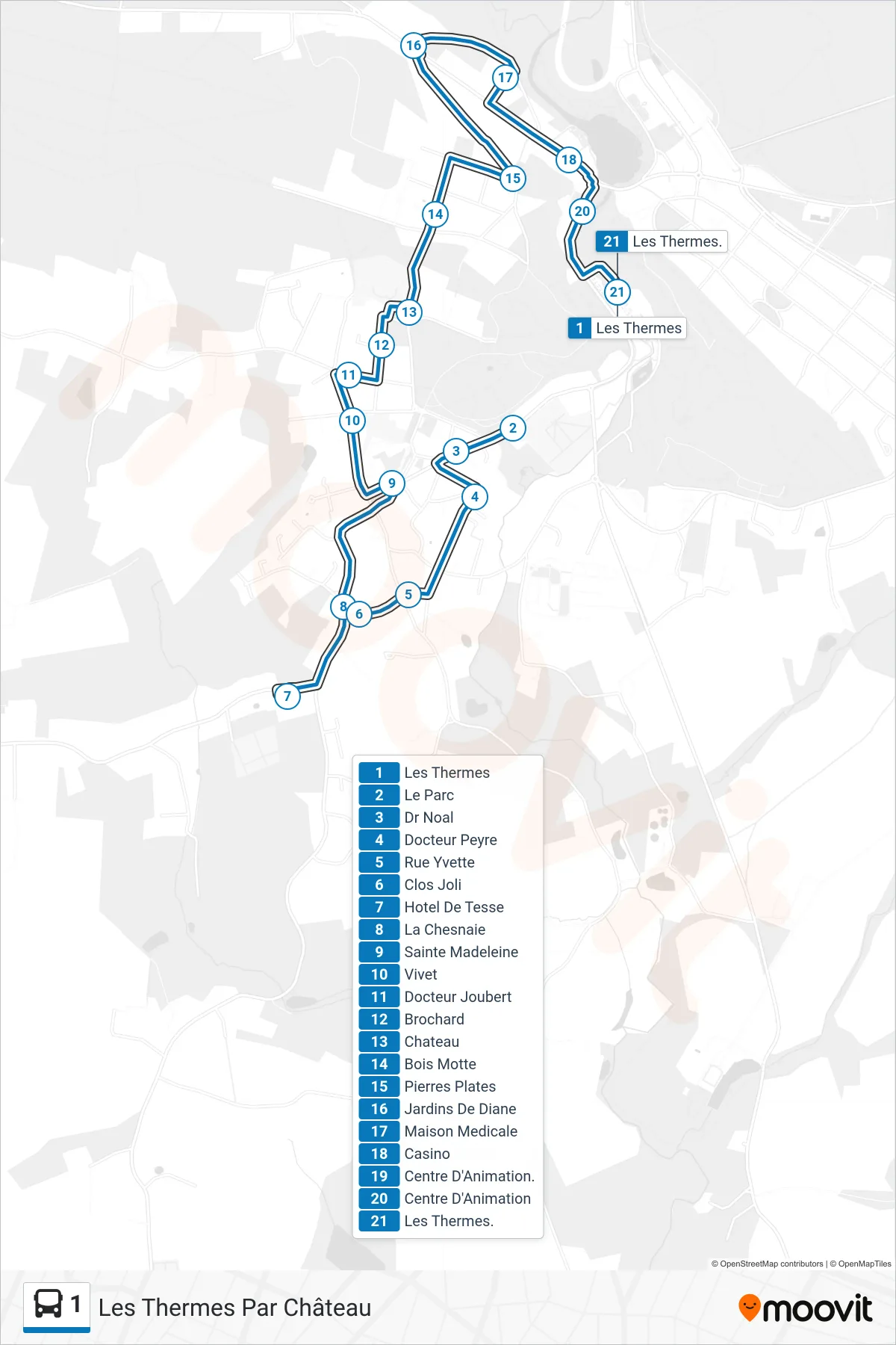 Tracé et arrêts de la ligne 1 de bus (Les Thermes Par Château) sur une carte
