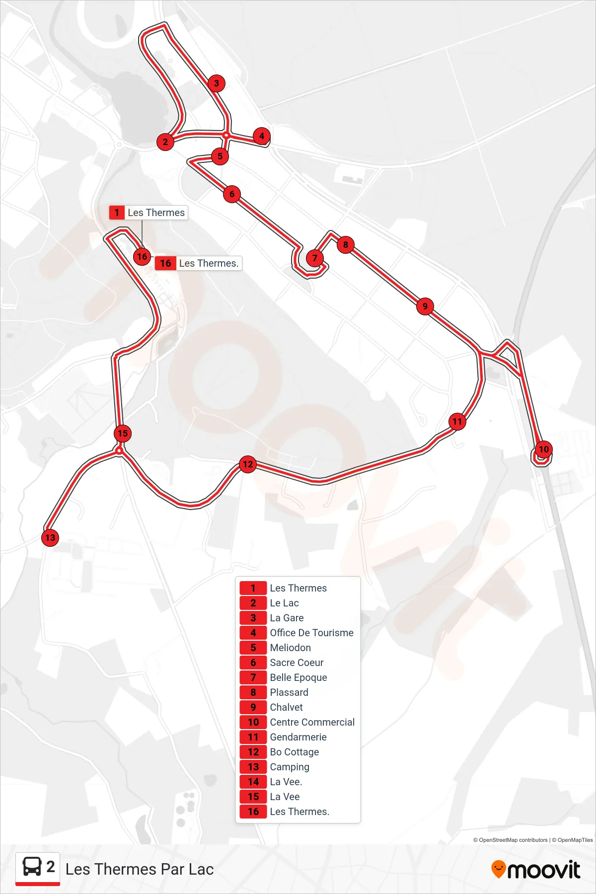 Tracé et arrêts de la ligne 2 de bus (Les Thermes Par Lac) sur une carte