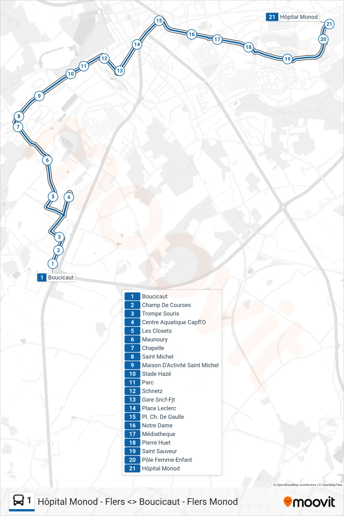 1 bus Line (Hôpital Monod) route and stops on a map