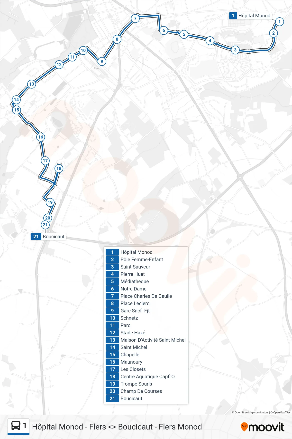 Tracé et arrêts de la ligne 1 de bus (Boucicaut) sur une carte