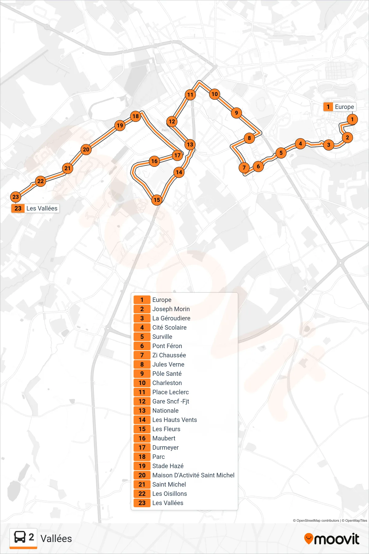 Recorrido y paradas de la línea 2 de autobús (Vallées) en el mapa