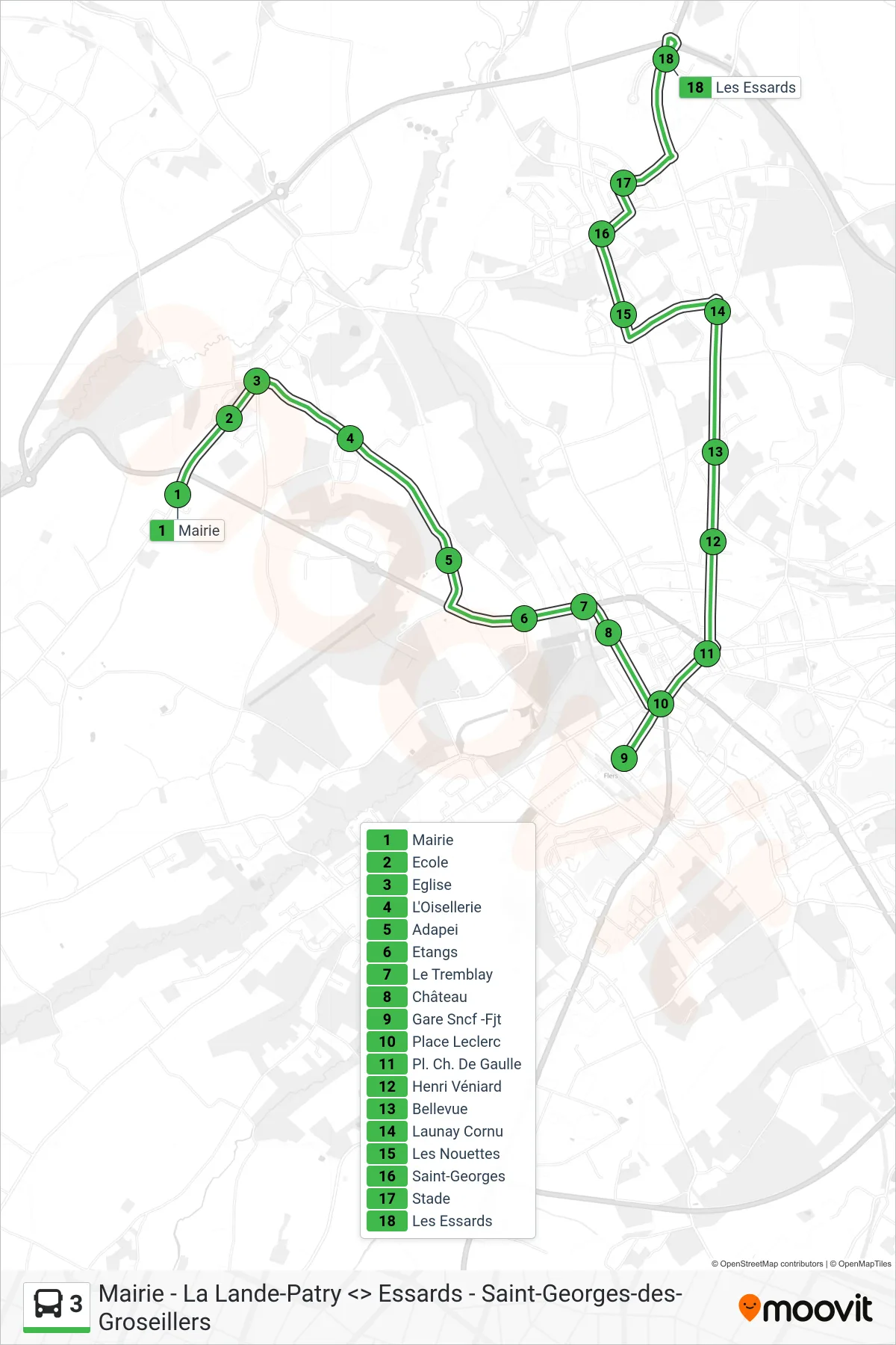 Tracé et arrêts de la ligne 3 de bus (Saint Georges) sur une carte