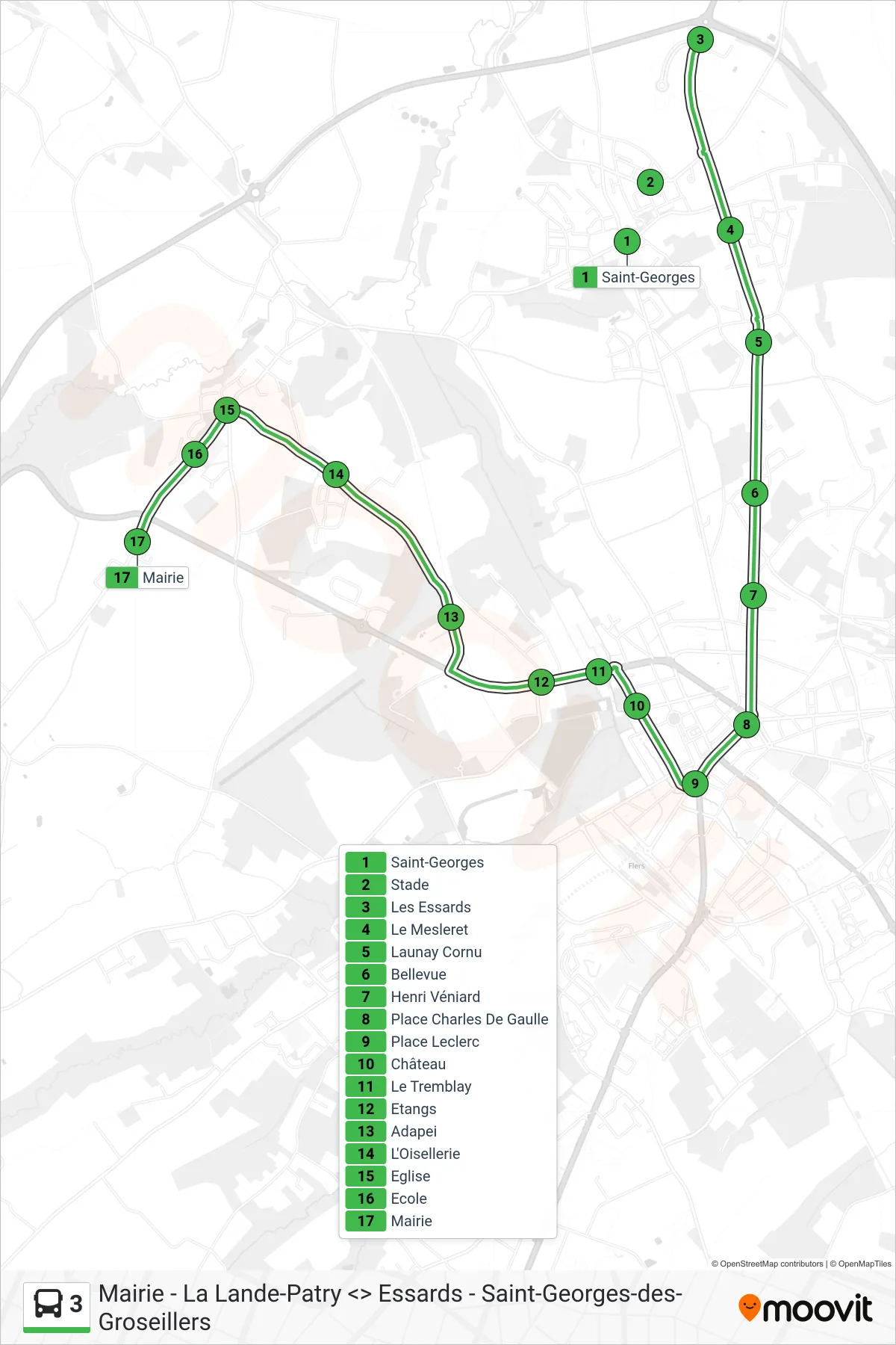 Tracé et arrêts de la ligne 3 de bus (La Lande Patry) sur une carte