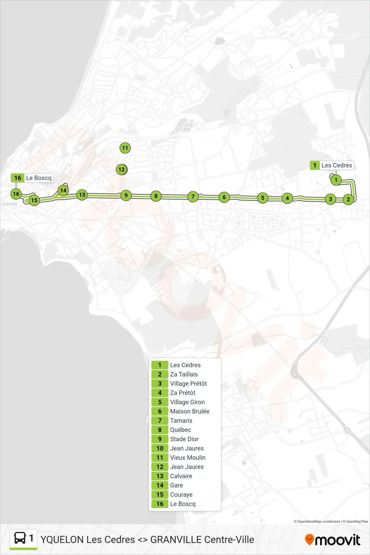 Tracé et arrêts de la ligne 1 de bus (Le Boscq) sur une carte
