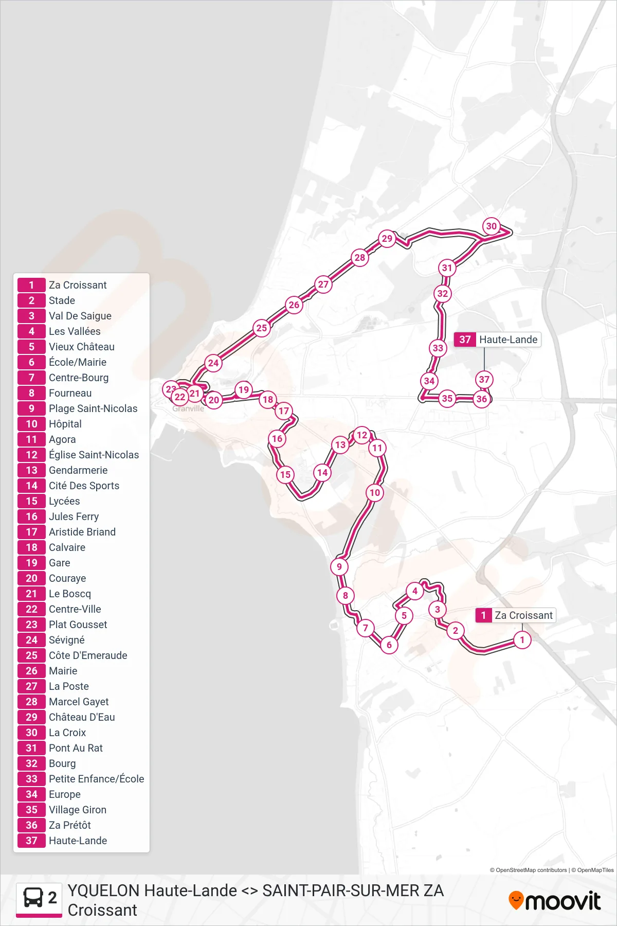 Recorrido y paradas de la línea 2 de autobús (Haute-Lande) en el mapa