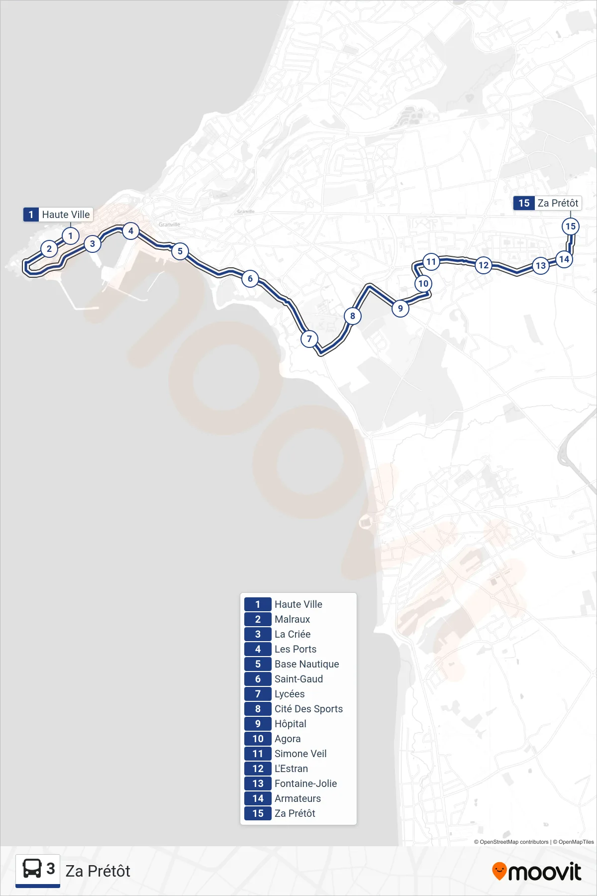 Tracé et arrêts de la ligne 3 de bus (Za Prétôt) sur une carte