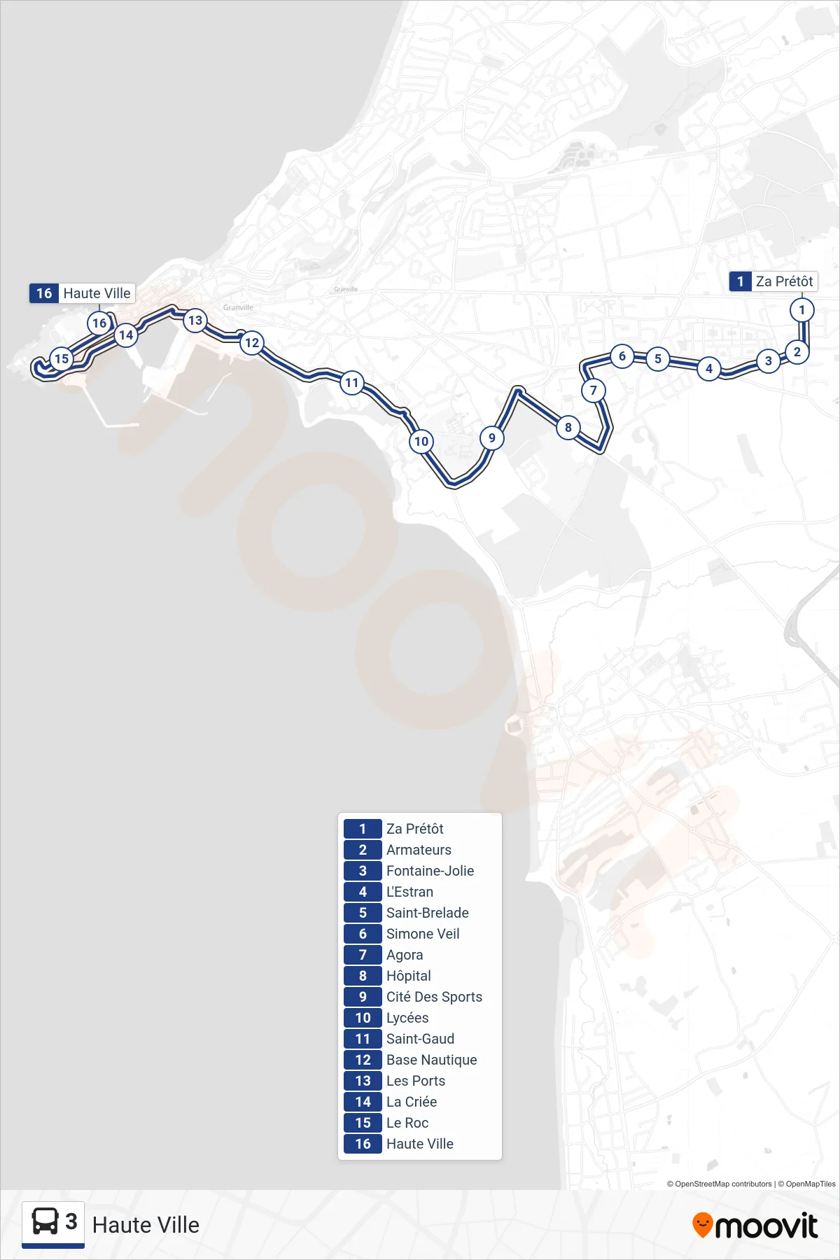 Tracé et arrêts de la ligne 3 de bus (Haute Ville) sur une carte