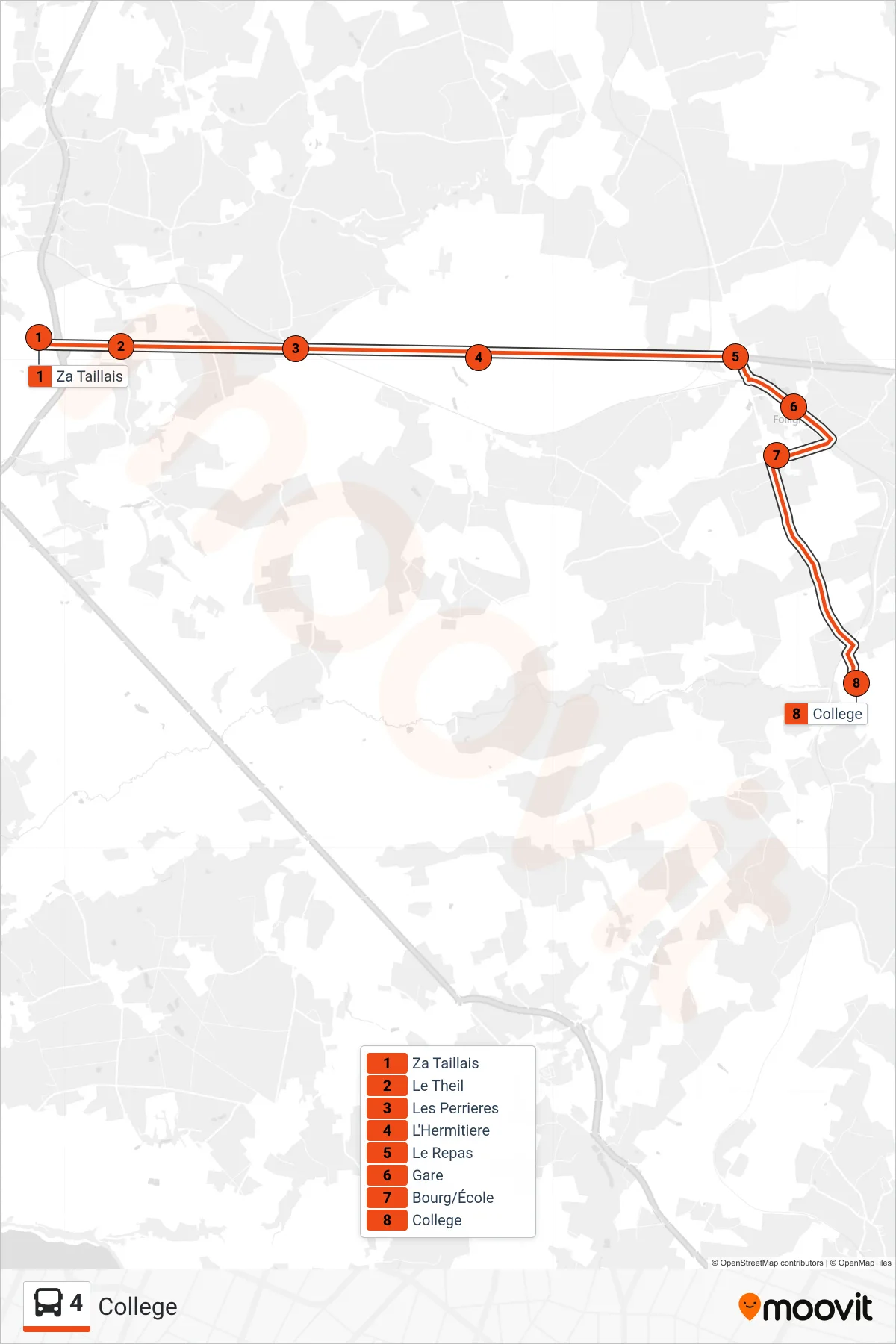 Tracé et arrêts de la ligne 4 de bus (College) sur une carte