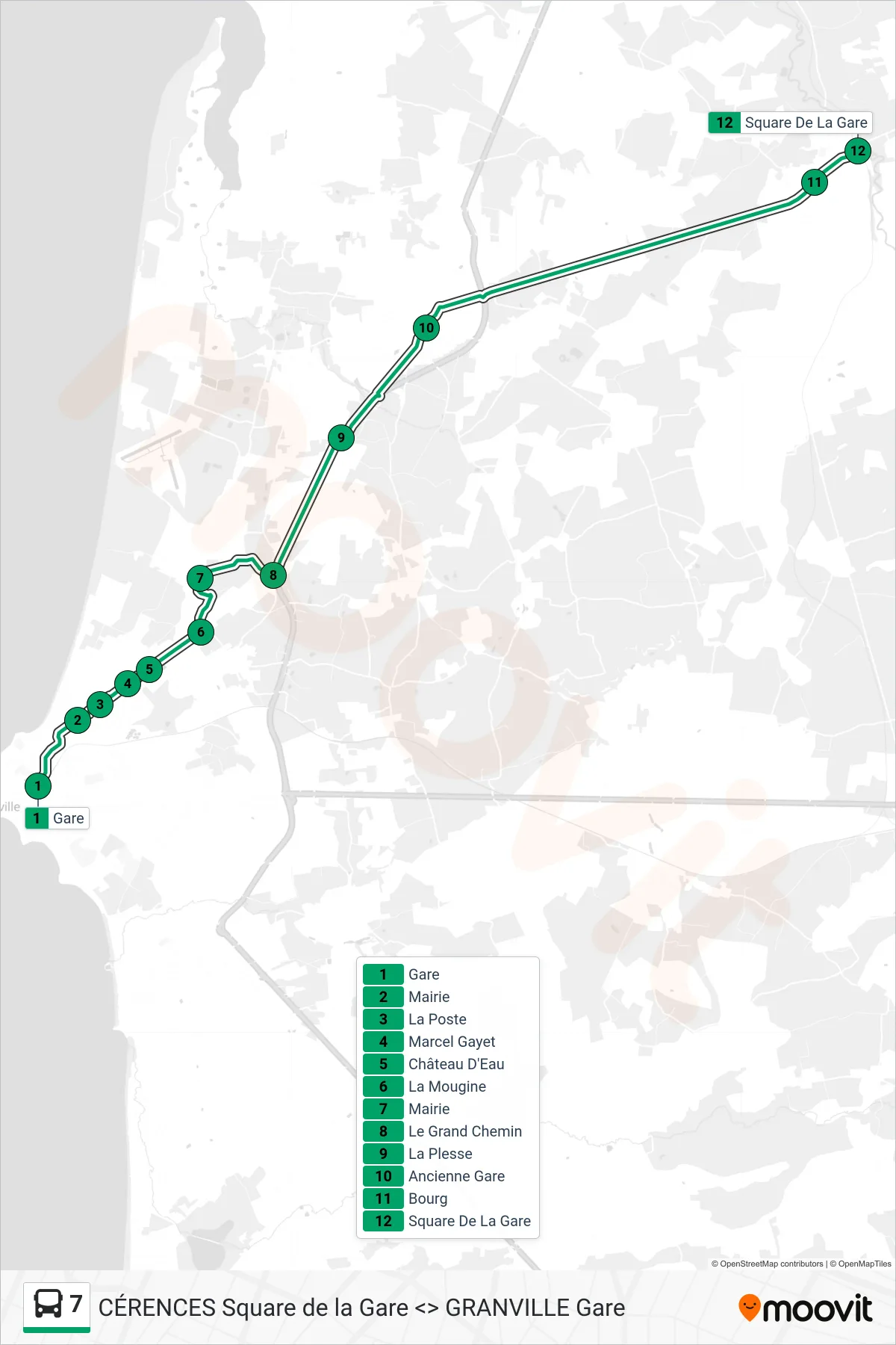 Recorrido y paradas de la línea 7 de autobús (Square De La Gare) en el mapa
