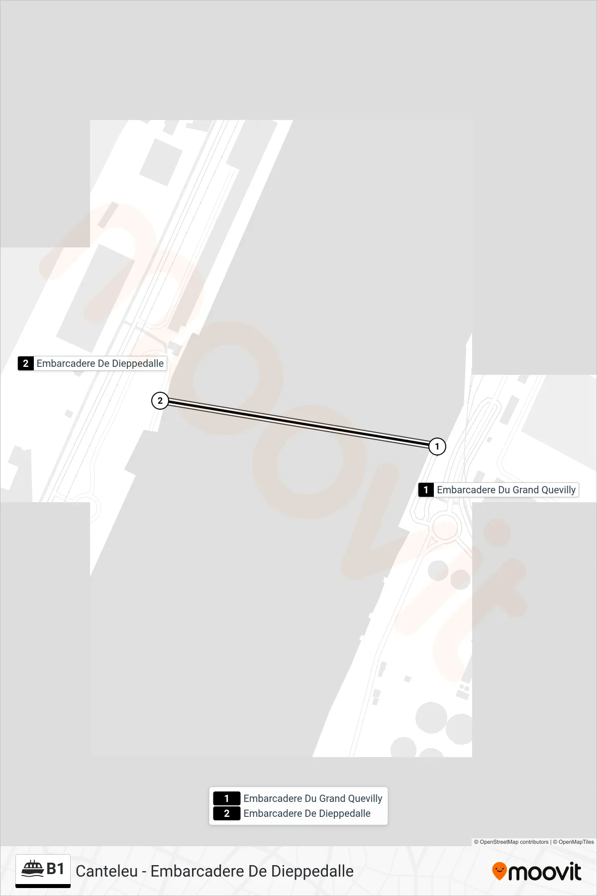 Tracé et arrêts de la ligne B1 de ferry (Canteleu - Embarcadere De Dieppedalle) sur une carte