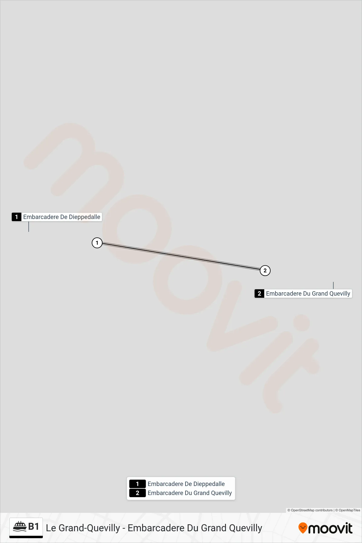Tracé et arrêts de la ligne B1 de ferry (Le Grand-Quevilly - Embarcadere Du Grand Quevilly) sur une carte