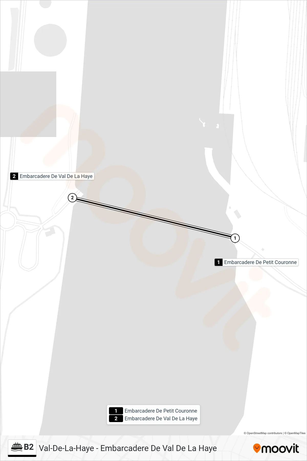 Tracé et arrêts de la ligne B2 de ferry (Val-De-La-Haye - Embarcadere De Val De La Haye) sur une carte