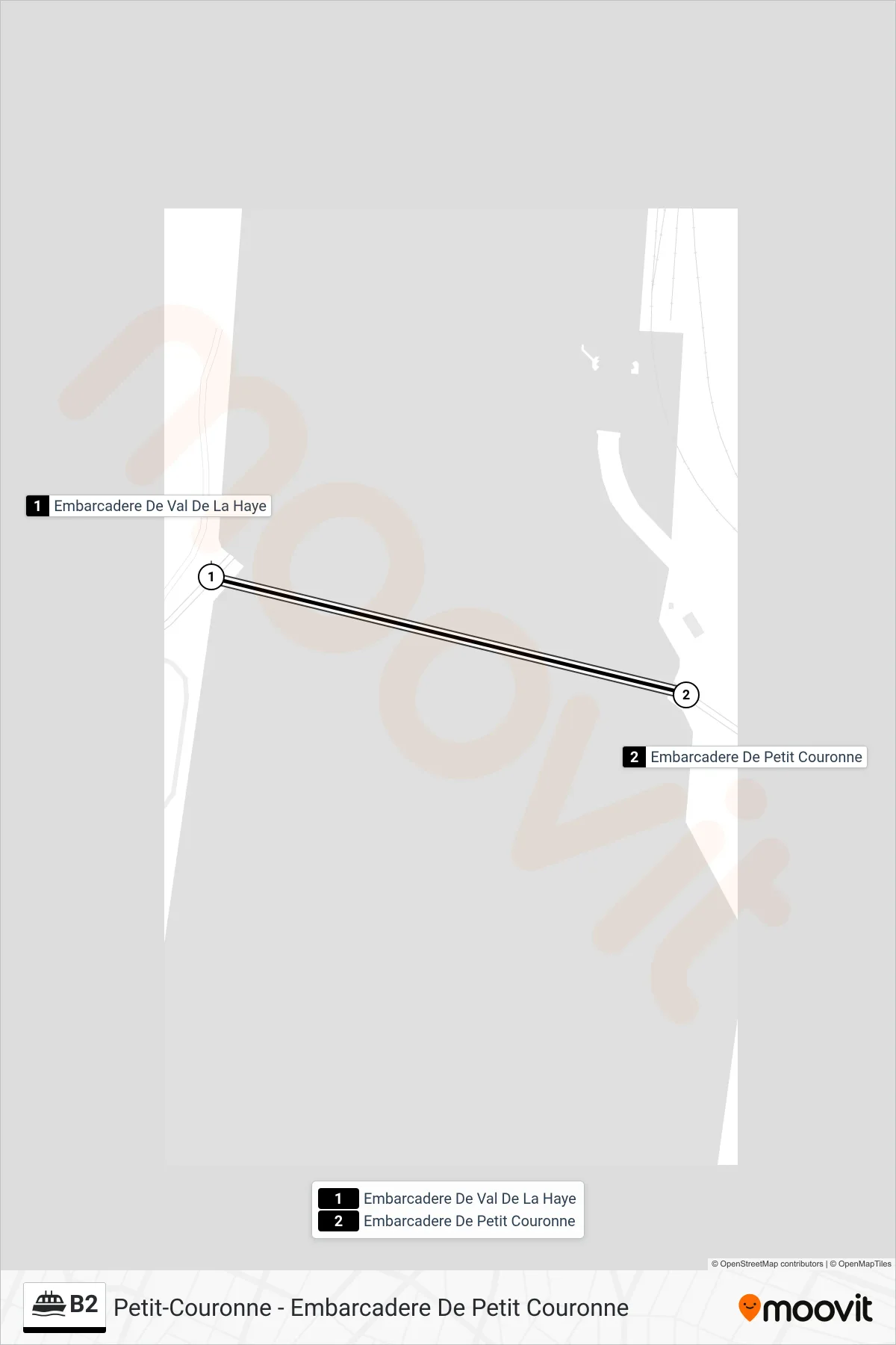 Tracé et arrêts de la ligne B2 de ferry (Petit-Couronne - Embarcadere De Petit Couronne) sur une carte