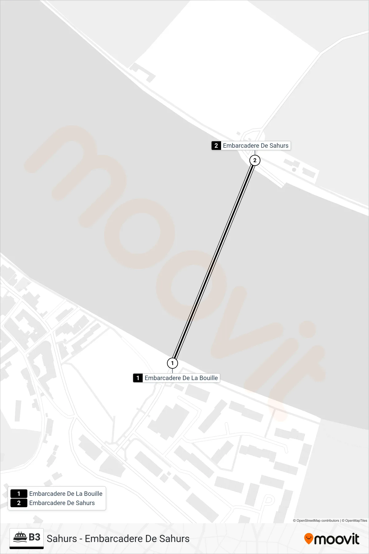 Tracé et arrêts de la ligne B3 de ferry (Sahurs - Embarcadere De Sahurs) sur une carte