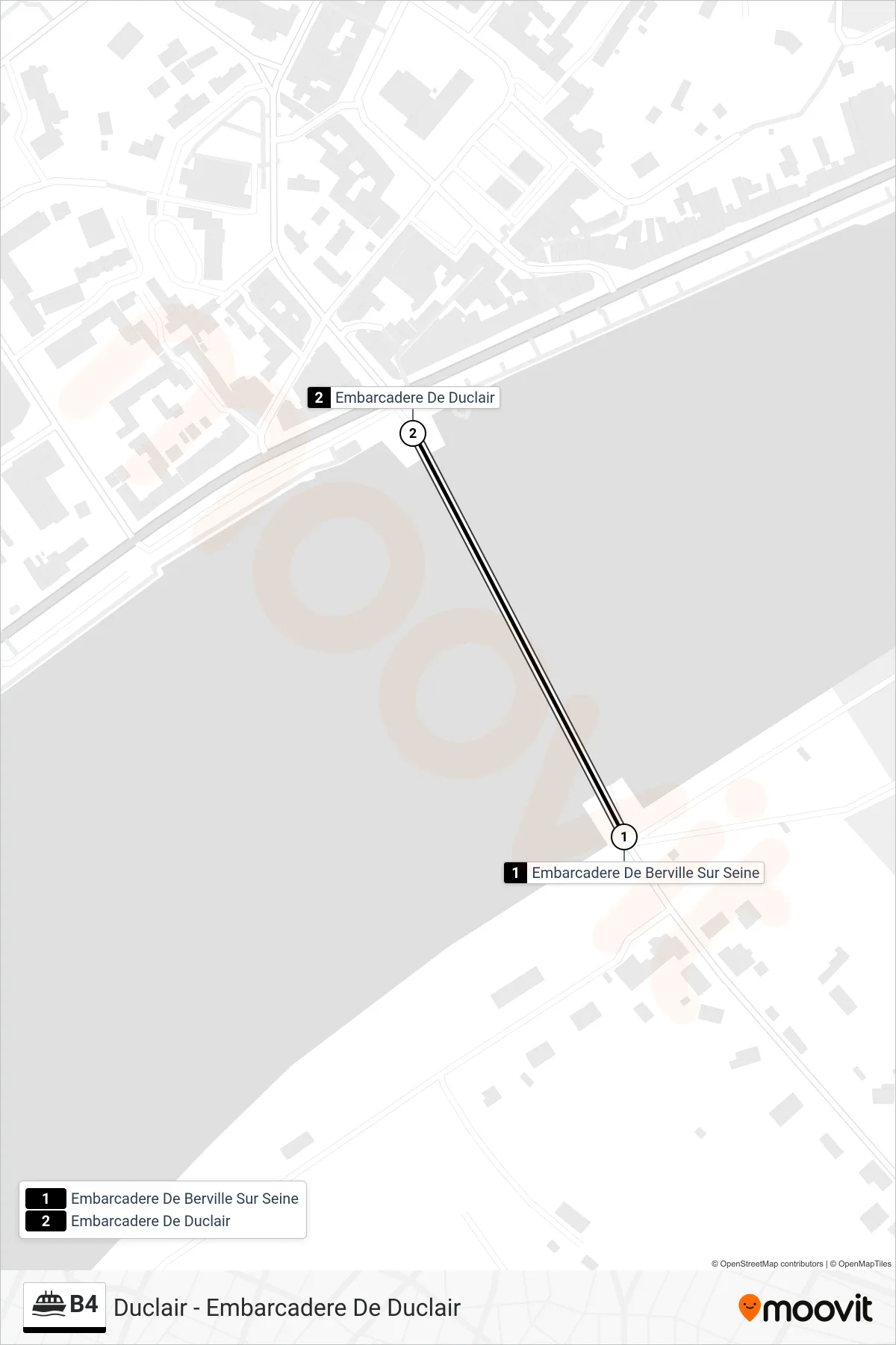 Tracé et arrêts de la ligne B4 de ferry (Duclair - Embarcadere De Duclair) sur une carte
