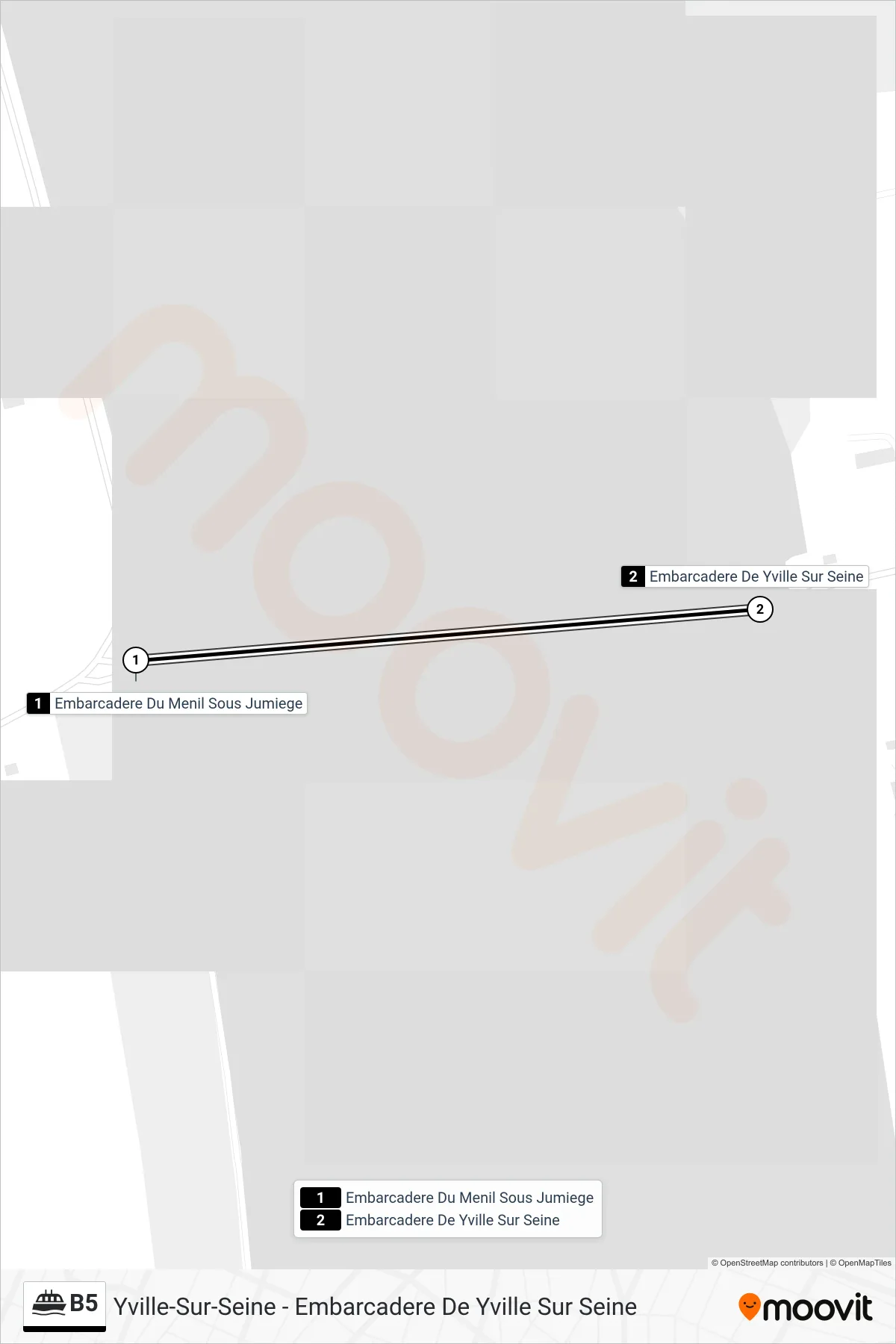 Tracé et arrêts de la ligne B5 de ferry (Yville-Sur-Seine - Embarcadere De Yville Sur Seine) sur une carte