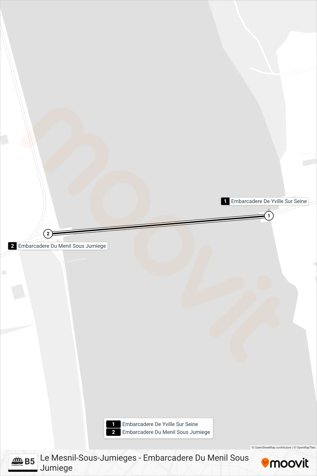 Tracé et arrêts de la ligne B5 de ferry (Le Mesnil-Sous-Jumieges - Embarcadere Du Menil Sous Jumiege) sur une carte