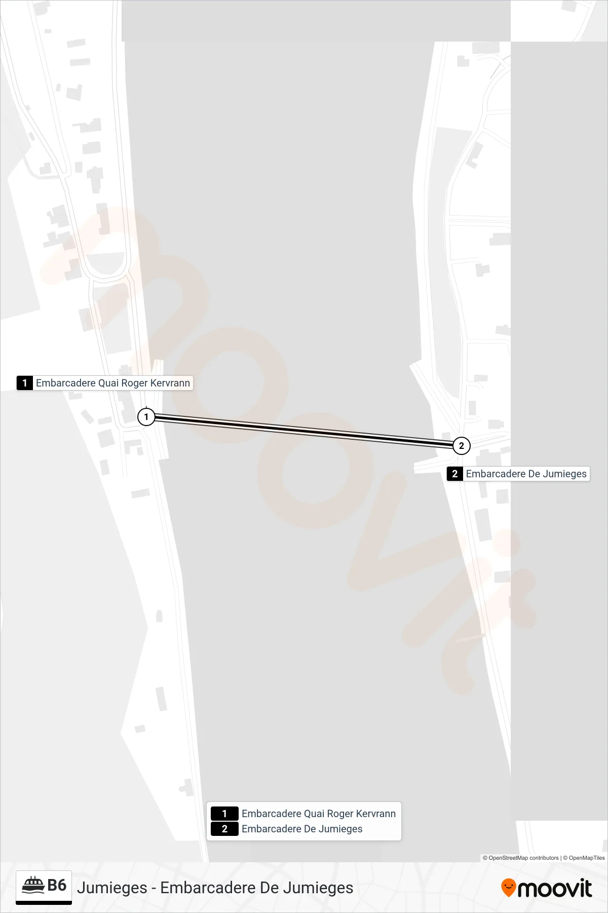 Tracé et arrêts de la ligne B6 de ferry (Jumieges - Embarcadere De Jumieges) sur une carte