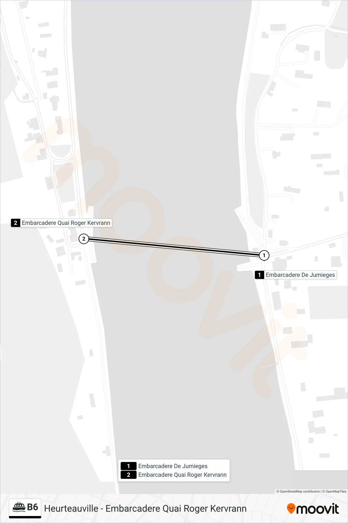 Tracé et arrêts de la ligne B6 de ferry (Heurteauville - Embarcadere Quai Roger Kervrann) sur une carte