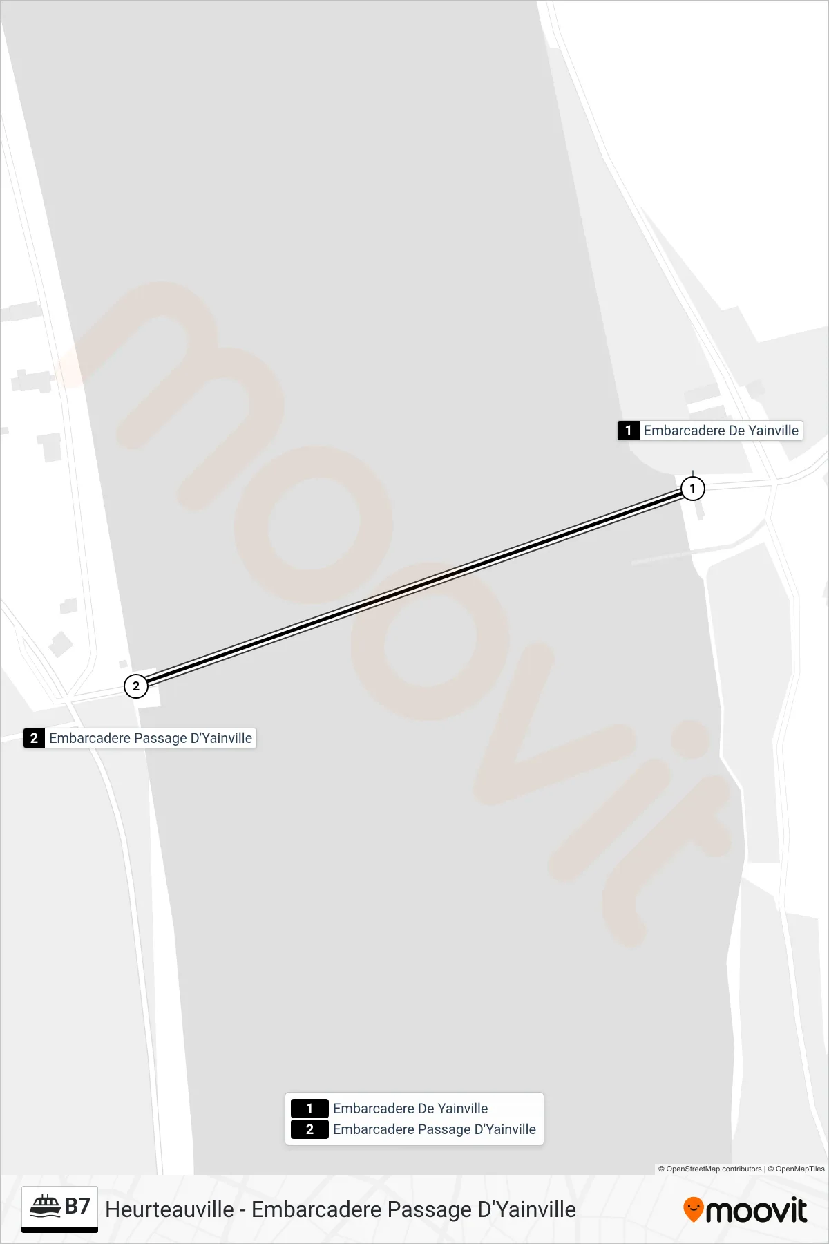 Tracé et arrêts de la ligne B7 de ferry (Heurteauville - Embarcadere Passage D'Yainville) sur une carte