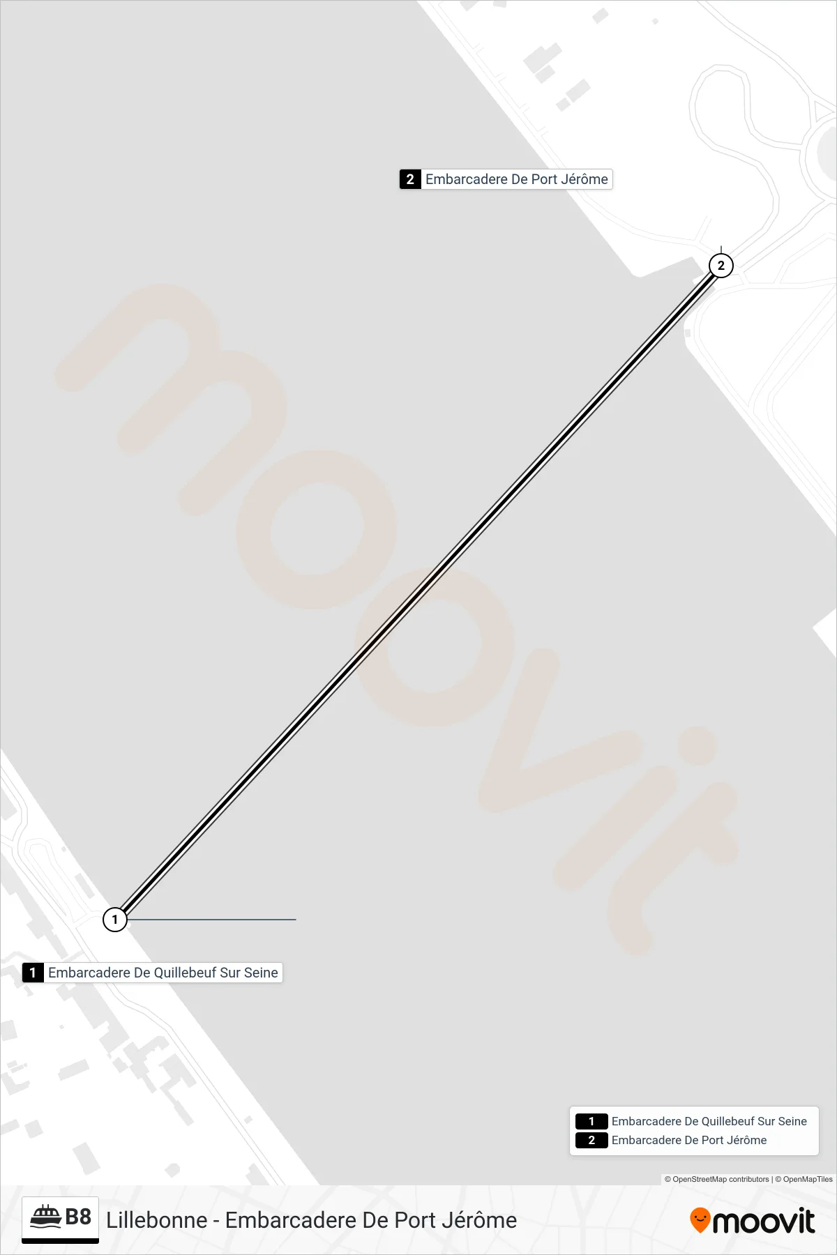 Tracé et arrêts de la ligne B8 de ferry (Lillebonne - Embarcadere De Port Jérôme) sur une carte