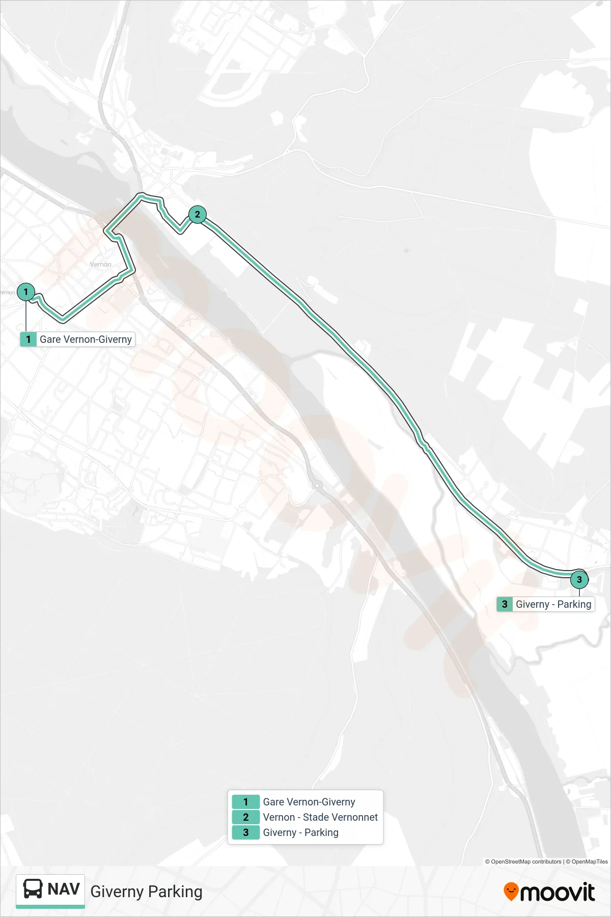NAV bus Line (Giverny Parking) route and stops on a map