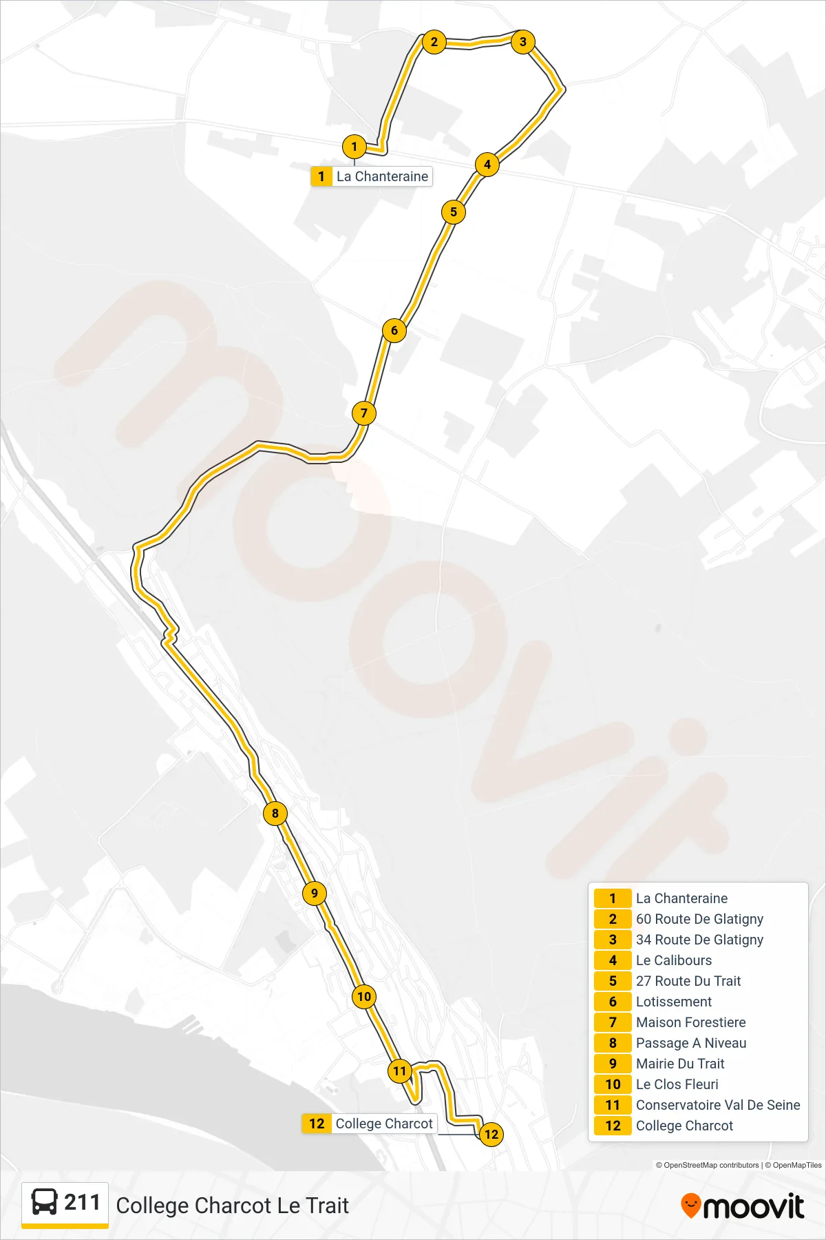 Tracé et arrêts de la ligne 211 de bus (College Charcot Le Trait) sur une carte