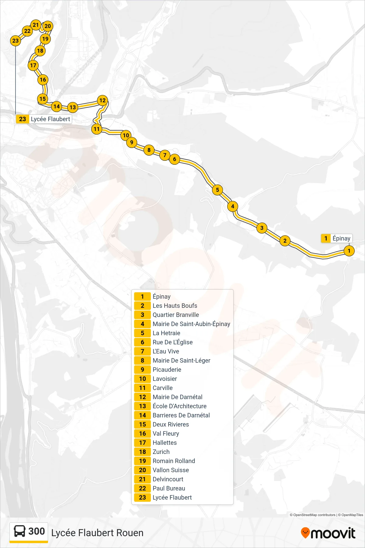 Tracé et arrêts de la ligne 300 de bus (Lycée Flaubert Rouen) sur une carte