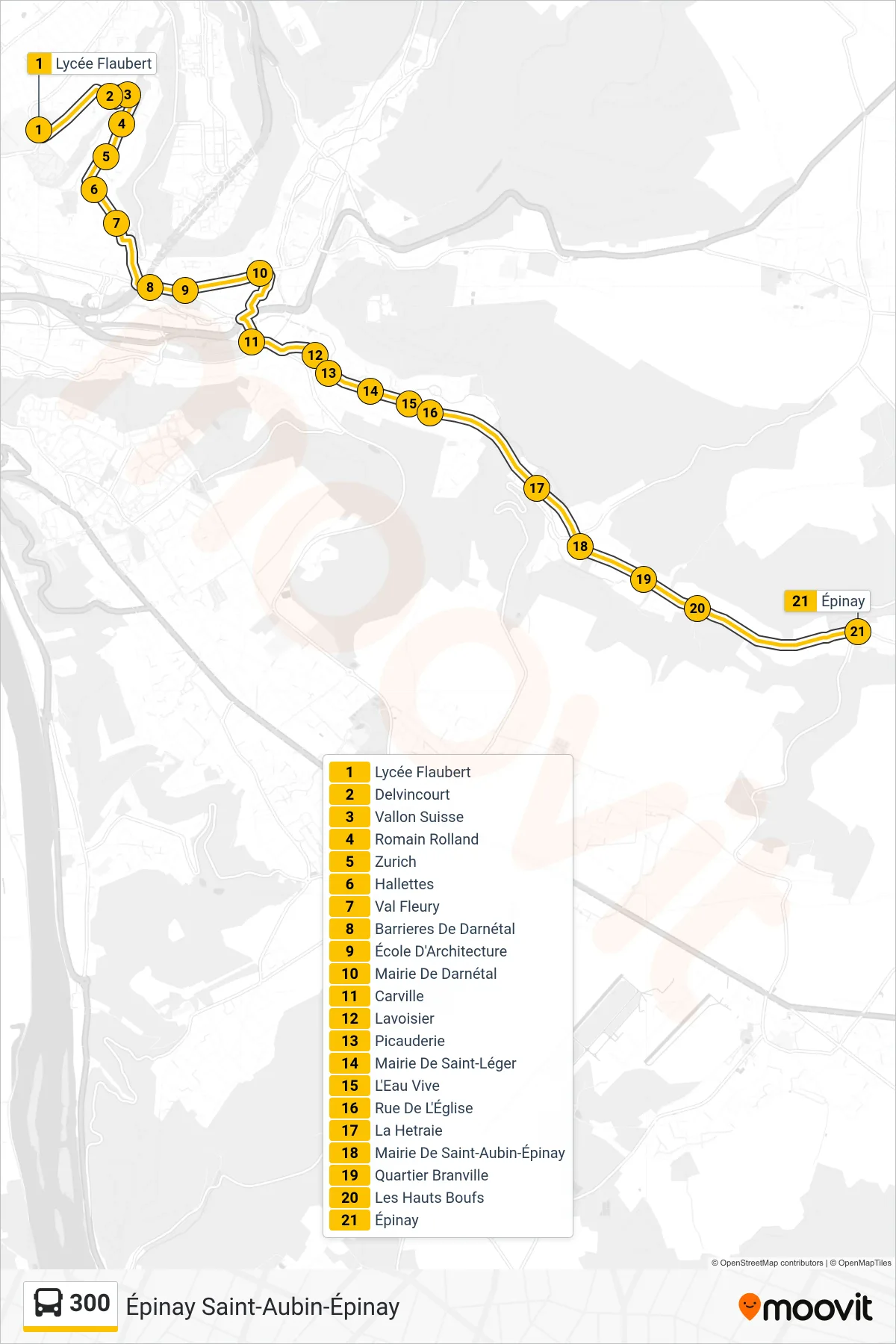 Tracé et arrêts de la ligne 300 de bus (Épinay Saint-Aubin-Épinay) sur une carte