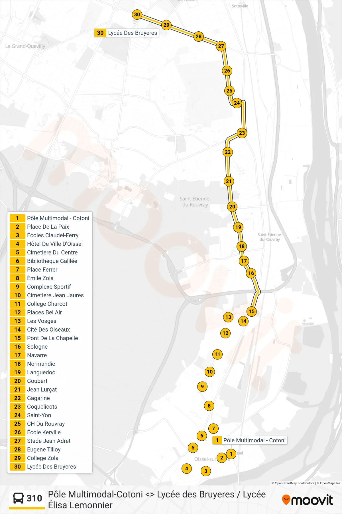 Tracé et arrêts de la ligne 310 de bus (Lycée Des Bruyeres Petit-Quevilly) sur une carte