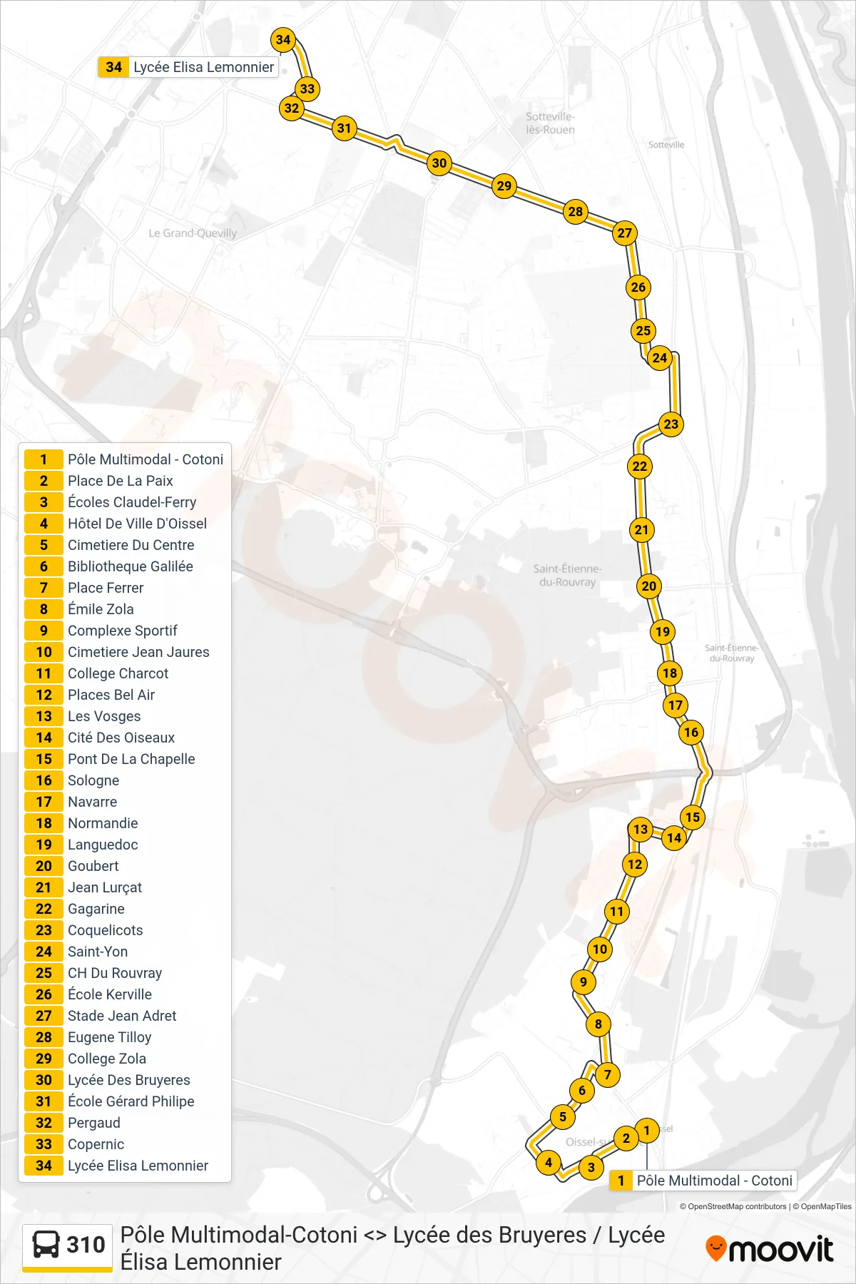 Recorrido y paradas de la línea 310 de autobús (Lycée Élisa Lemonnier Petit-Quevilly) en el mapa