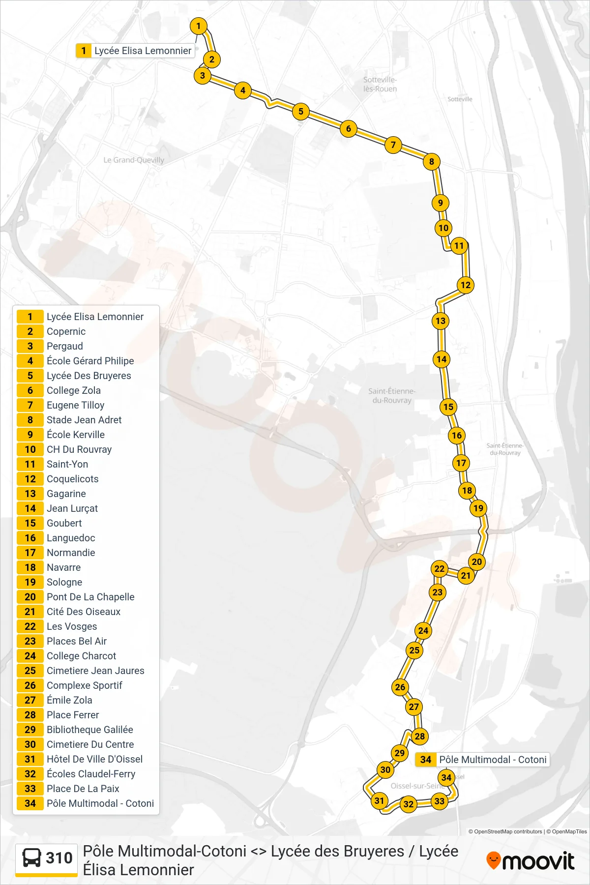Tracé et arrêts de la ligne 310 de bus (Pôle Multimodal-Cotoni Oissel) sur une carte