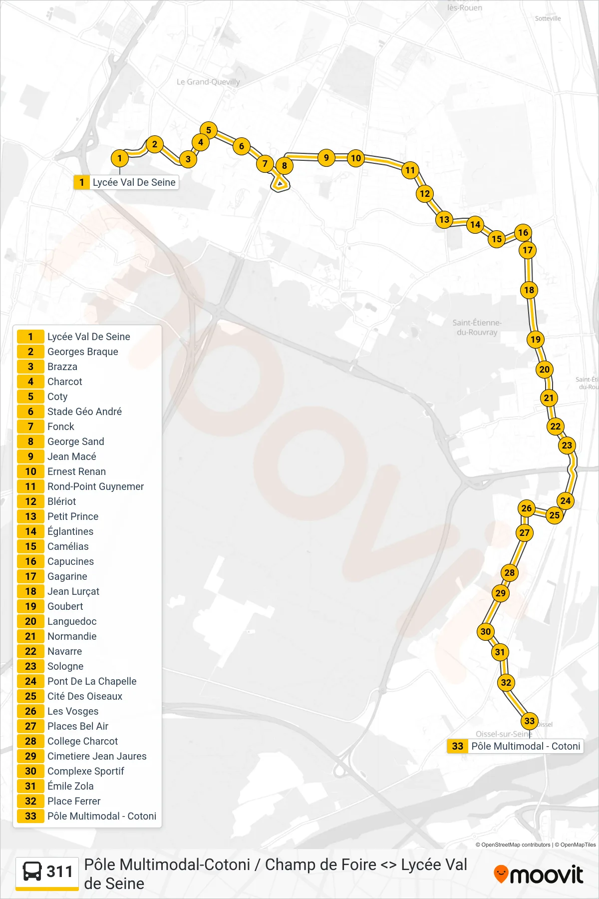 Recorrido y paradas de la línea 311 de autobús (Pôle Multimodal-Cotoni Oissel) en el mapa