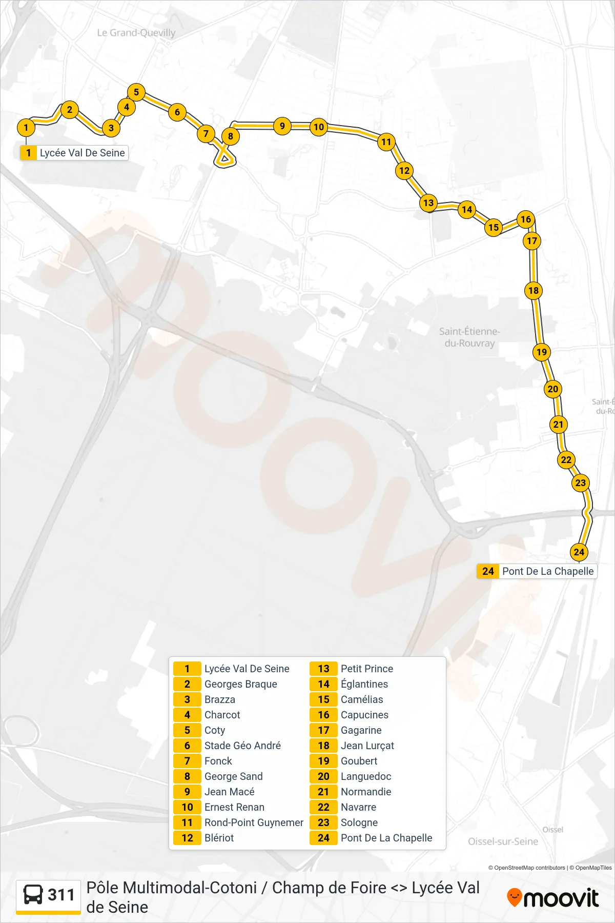 Tracé et arrêts de la ligne 311 de bus (Pont De La Chapelle Saint-Étienne-Du-Rouvray) sur une carte