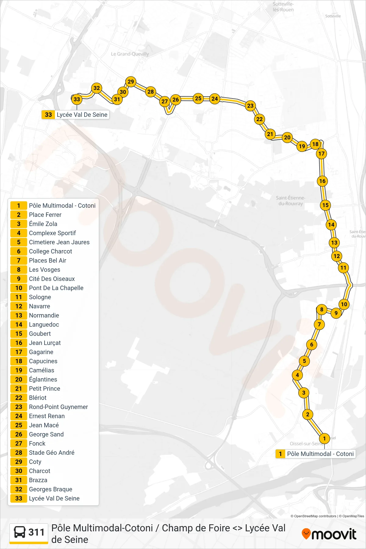 Tracé et arrêts de la ligne 311 de bus (Lycée Val De Seine Grand Quevilly) sur une carte