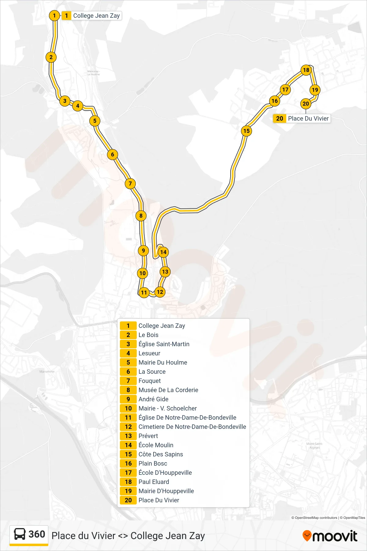 Tracé et arrêts de la ligne 360 de bus (Place Du Vivier Houppeville) sur une carte