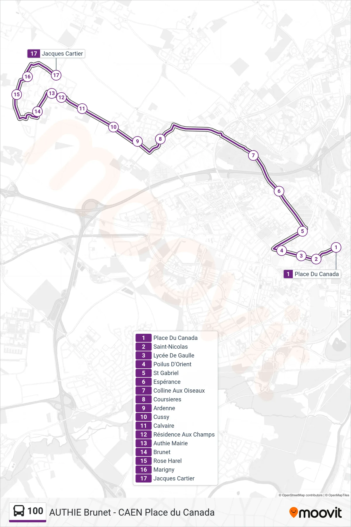 Tracé et arrêts de la ligne 100 de bus (Authie Jacques Cartier) sur une carte