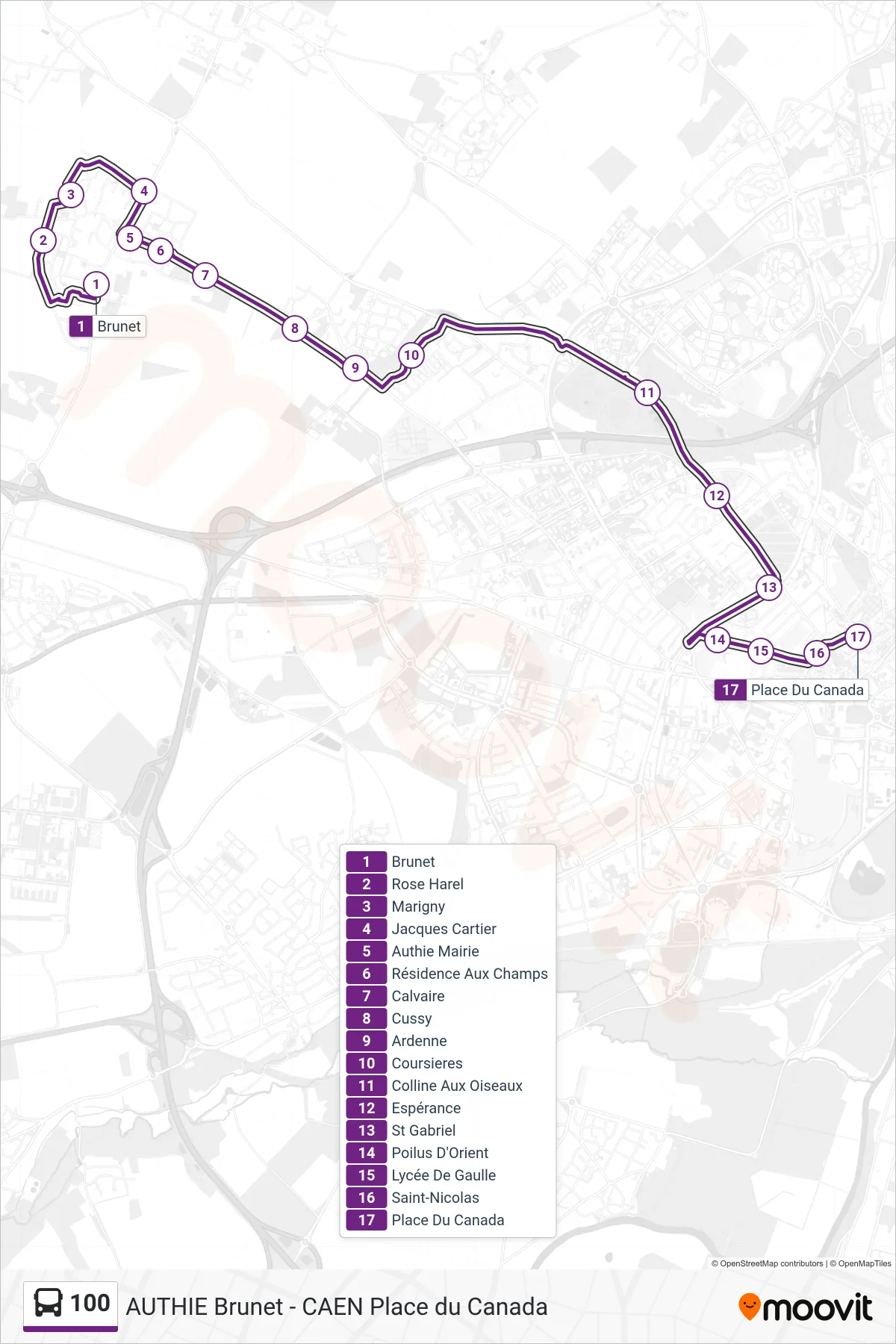 Tracé et arrêts de la ligne 100 de bus (Caen Place Du Canada) sur une carte