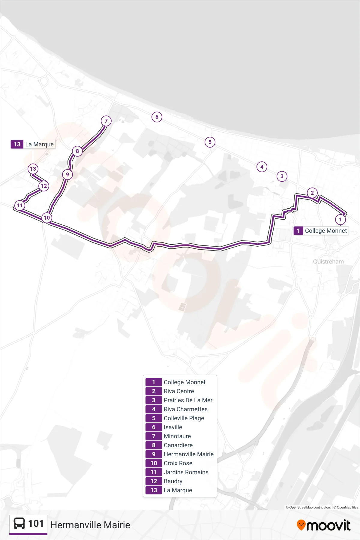 Tracé et arrêts de la ligne 101 de bus (Hermanville Mairie) sur une carte