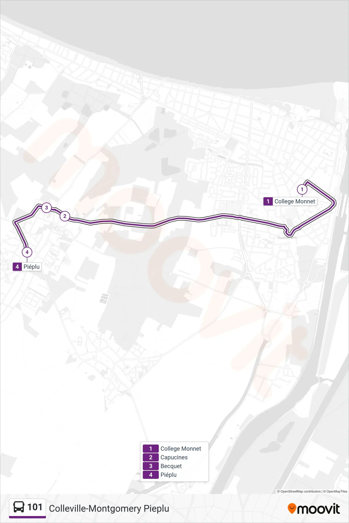 Recorrido y paradas de la línea 101 de autobús (Colleville-Montgomery Pieplu) en el mapa