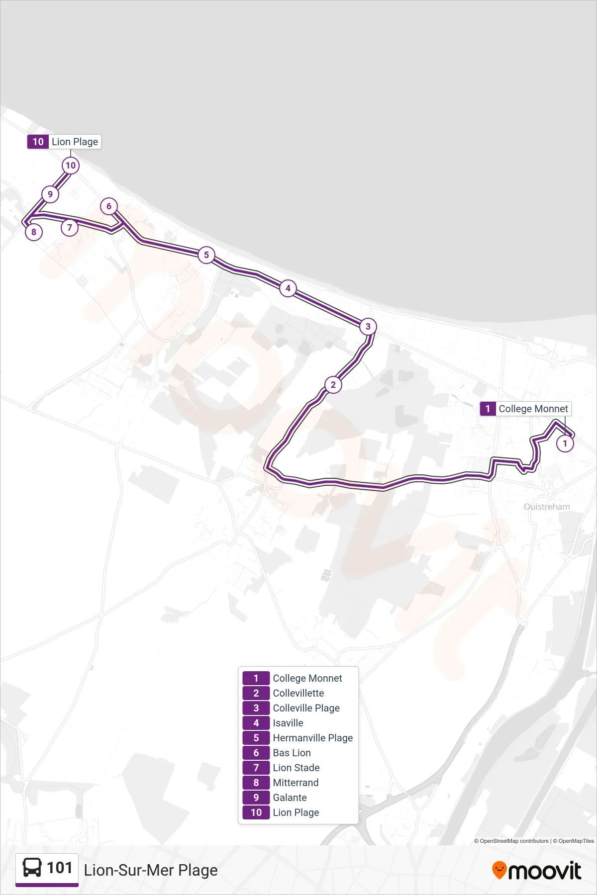 Tracé et arrêts de la ligne 101 de bus (Lion-Sur-Mer Plage) sur une carte