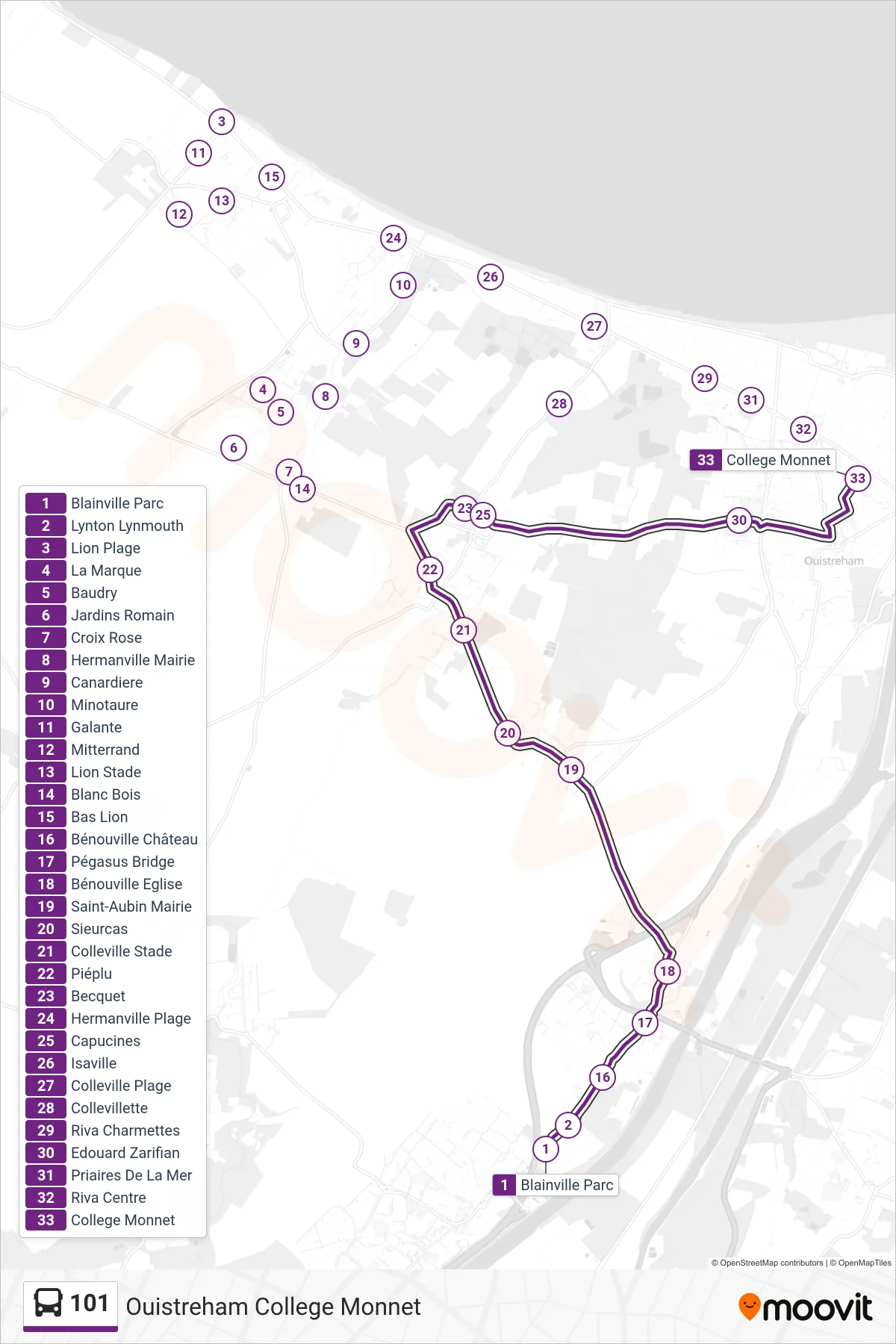 Tracé et arrêts de la ligne 101 de bus (Ouistreham College Monnet) sur une carte