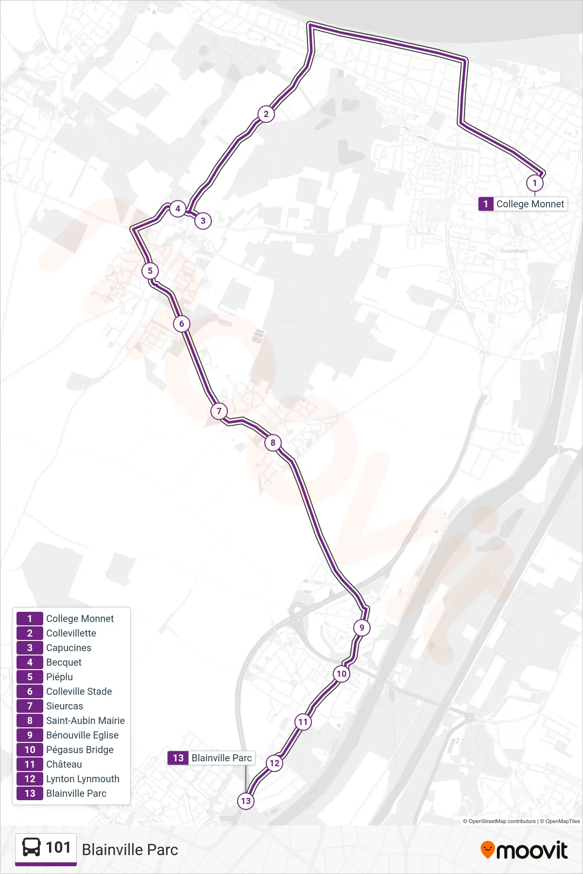 Tracé et arrêts de la ligne 101 de bus (Blainville Parc) sur une carte